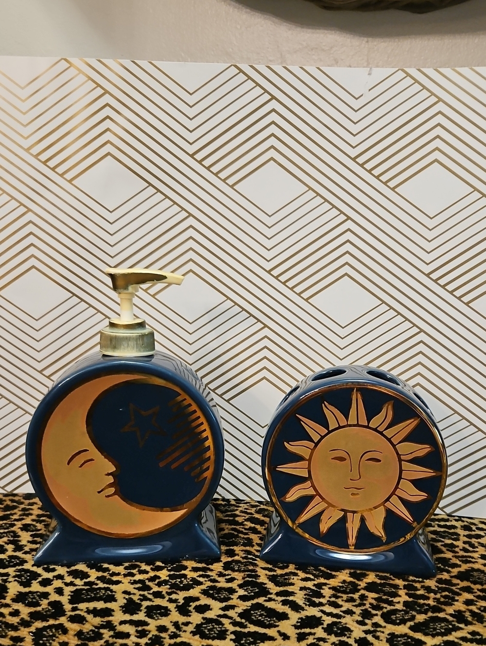 Vintage 90's Celestial Sun and Moon Ceramic Bathroom Set in Navy and Gold
